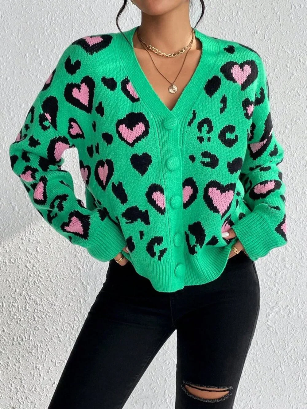 Multicolor Casual Women's V Neck Drop Shoulder Button Front Cardigan